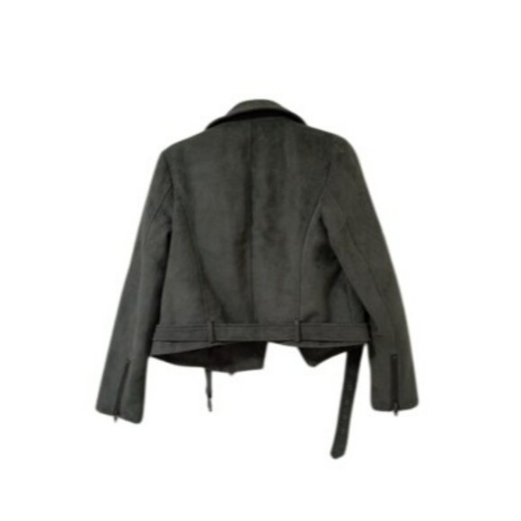 Forever 21 Olive Green Faux Suede Moto Jacket With Zipper Pockets & Belt Size L - Picture 4 of 12